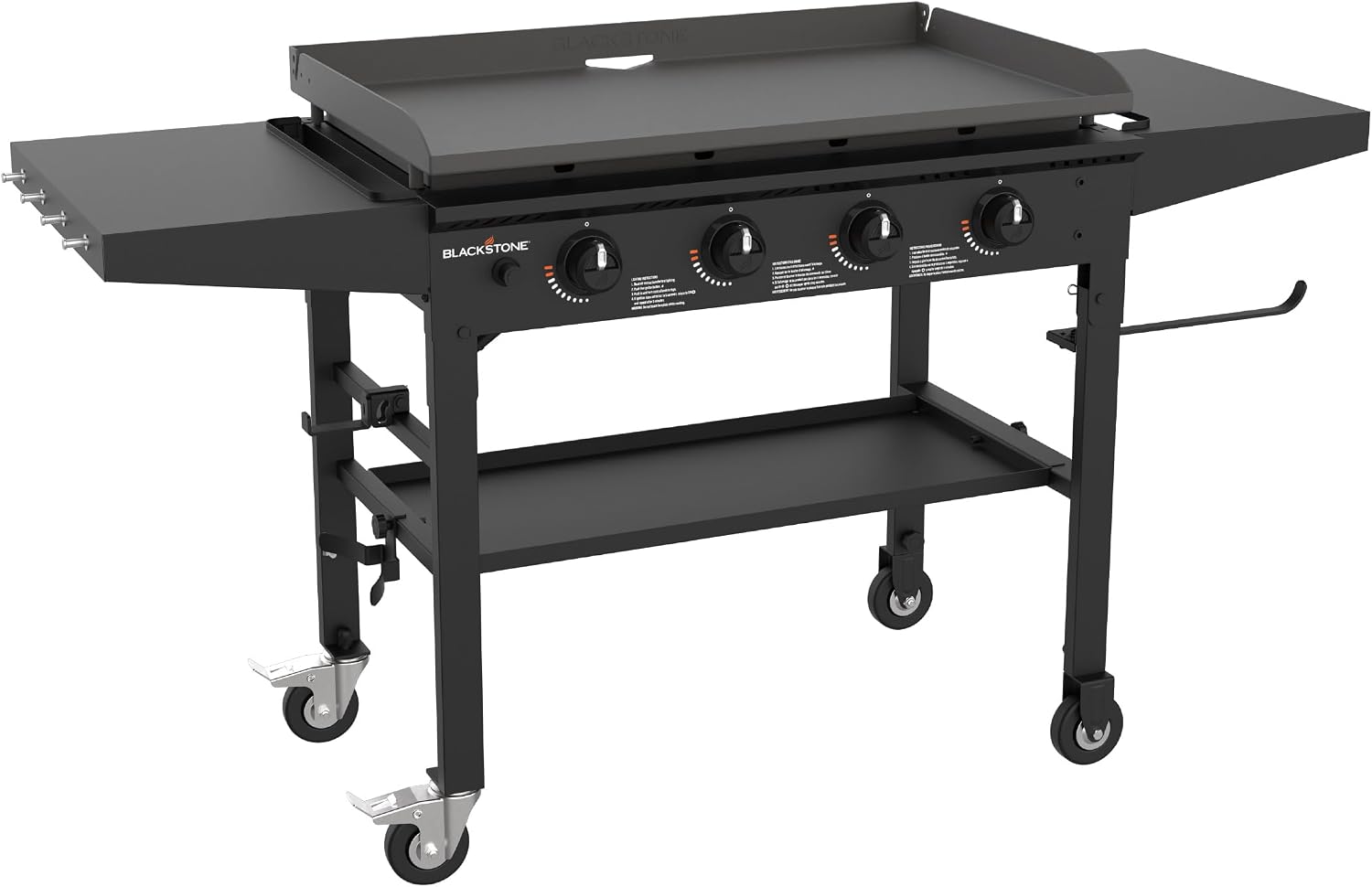 Blackstone 36 Inch 4 Burner 60,000 BTU Portable Steel Griddle Cooking Station with Foldable Legs, Grease Pan, and Storage Rack, Black