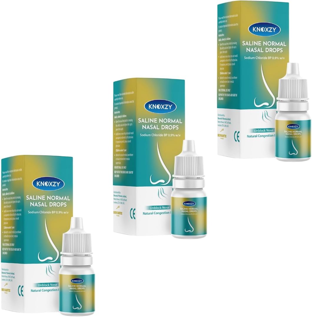 Knoxzy Saline Nasal Drops, 10ml, Set of 3, Suitable for Children, Instant Relief for Blocked Nose & Sinuses