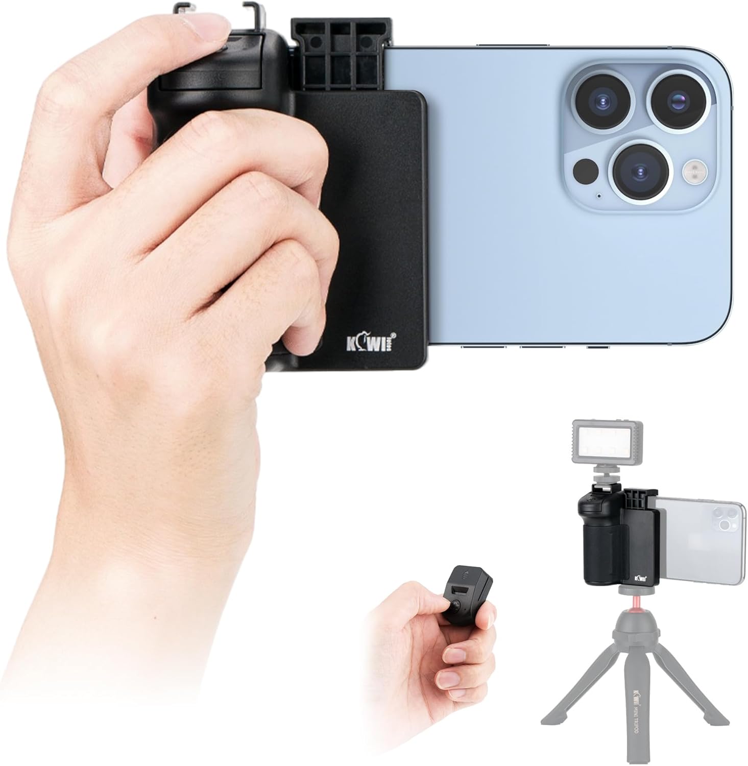 KIWIFOTOS Smartphone Camera Grip Holder with Detachable Bluetooth Camera Remote Control, Tripod Mount with Cold Shoe for iPhone Android Video and Selfie Filming