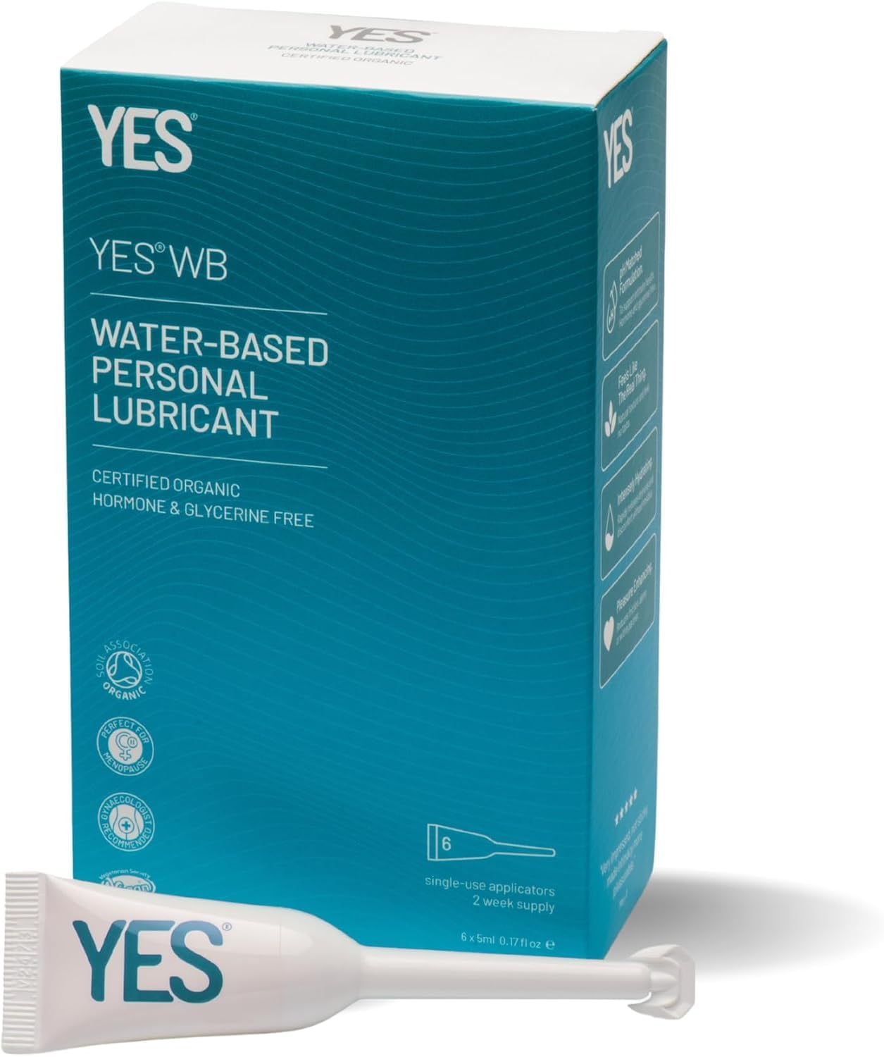 YES® WB Water-Based Personal Lubricant | Intensely Hydrating Water-Based Lube | Certified Organic | Made Without Hormones or Glycerine | pH Matched (6 x 5ml Applicators)