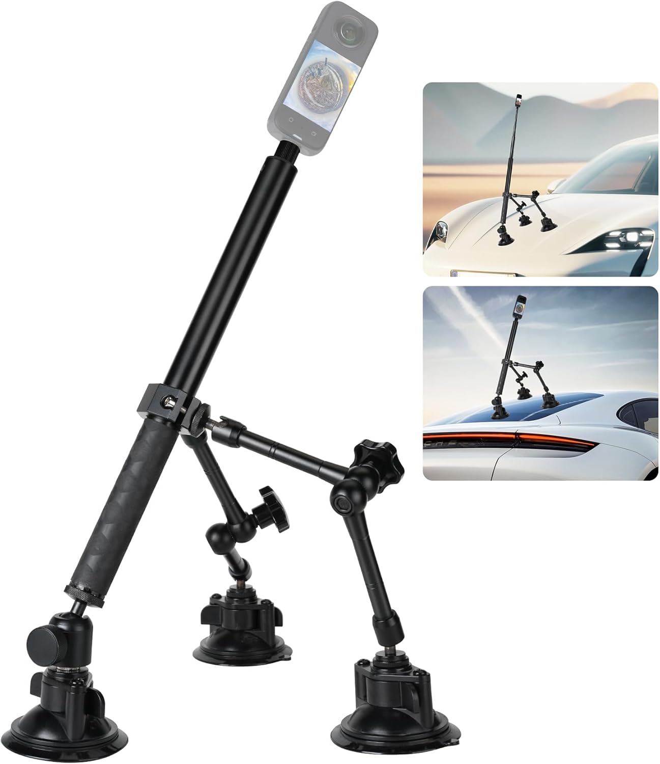 fantaseal Heavy Duty Tri-Cup Suction Camera Car Mount Holder Kit W/Magic Arm + 14-58" Extendable Selfie Stick+12pcs Safety Tethers for Insta360 X5 4 3 2 GoPro Panorama Video Recording Travel Vlogging