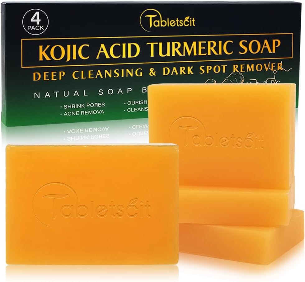 Kojic Acid Turmeric Soap, Deep Cleansing and Dark Spot Remover, Natural Gentle Skin Lightening Soap Bars with Vitamin C, Turmeric, Hyaluronic Acid, Vitamin E, For All SkinTypes (4Pack)