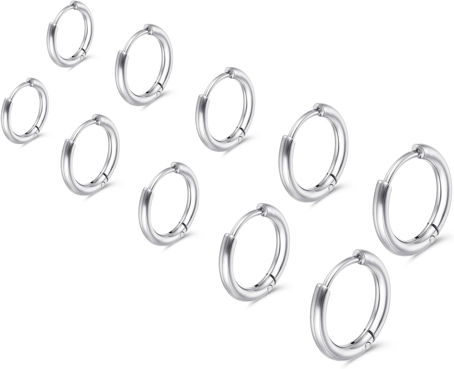 Nogeqi 5 Pairs Small Hoop Earrings for Women, Silver Huggie Earrings, 316 Stainless Steel Sleeper Earring for Piercing Jewelry Gift, 6/8/10/12/14mm