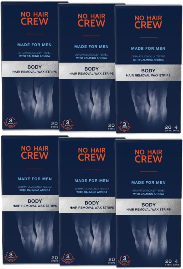 NO HAIR CREW 6 x 20 High Performance Body Wax Strips for Men - (6 x 20 Strips, 4 Cleansing Wipes)