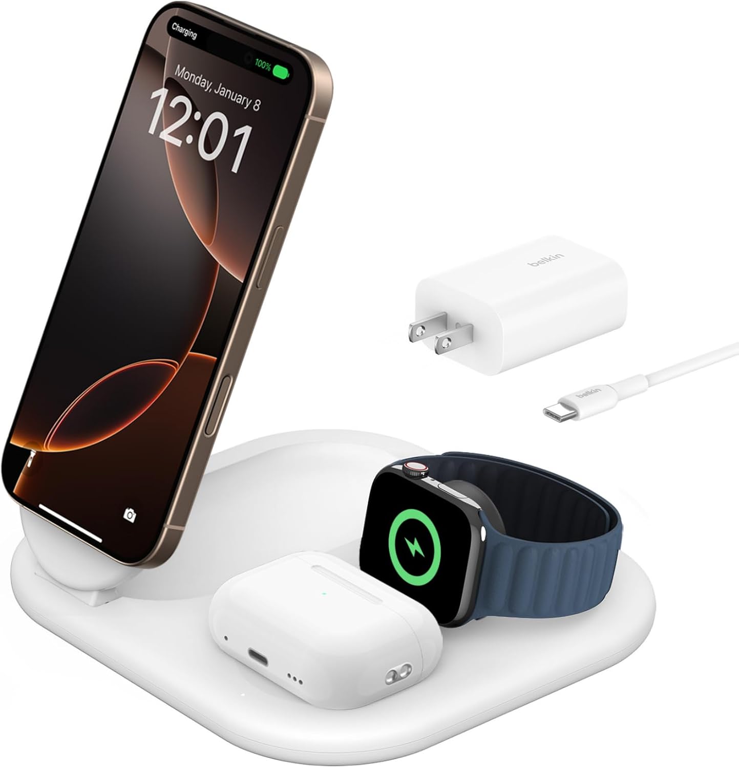 Belkin 3-in-1 MagSafe-Compatible iPhone Charger 15W, Foldable Magnetic Qi2-Certified Wireless Charging Station for iPhone 16, Apple Watch Series 10, AirPods 4, and More, w/Non-Slip Base & PSU - White