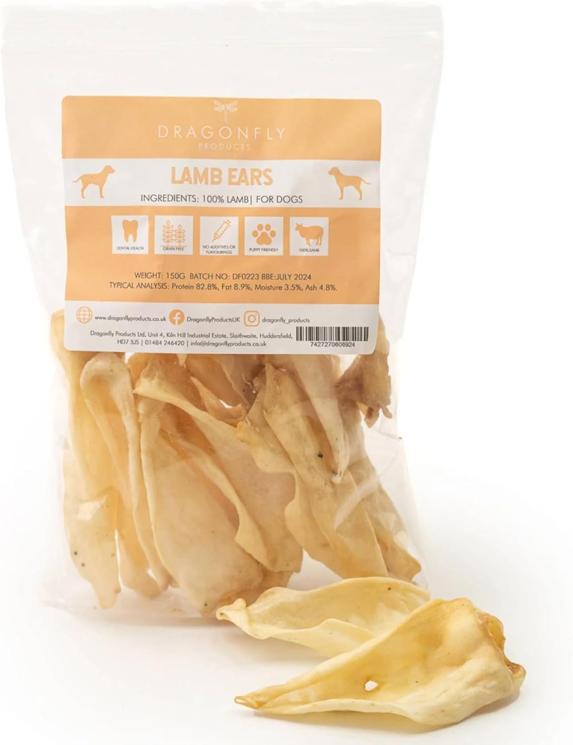Dragonfly Products | 100% Air-Dried Natural Lamb Ears | Grain and Gluten Free | Healthy, High Protein Chews for Dental Health | 150g | For Dogs and Puppies over 8 weeks