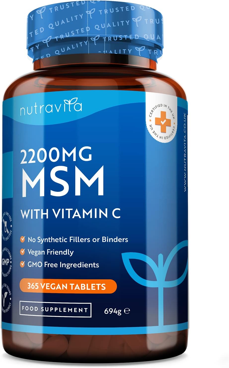 MSM 2200mg Tablets – 365 Vegan Tablets – Methylsulfonylmethane with 80mg Vitamin C – 6 Month Supply - Made in The UK by Nutravita