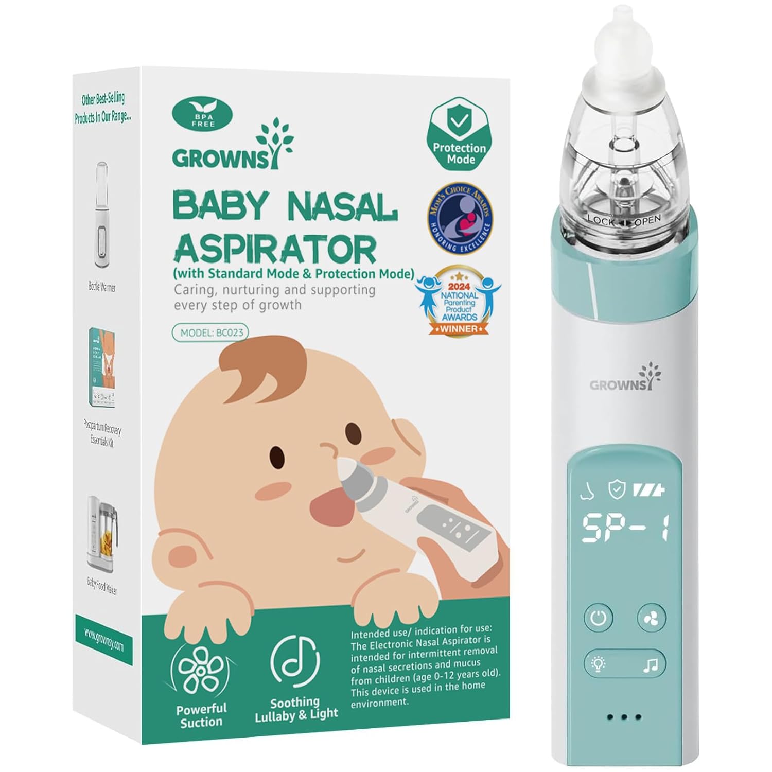 GROWNSY Nasal Aspirator for Baby with Protection Mode, Electric Nose Suction for Baby, Automatic Baby Nose Sucker with 3 Silicone Tips, Adjustable Suction Level, Music and Light Soothing Function