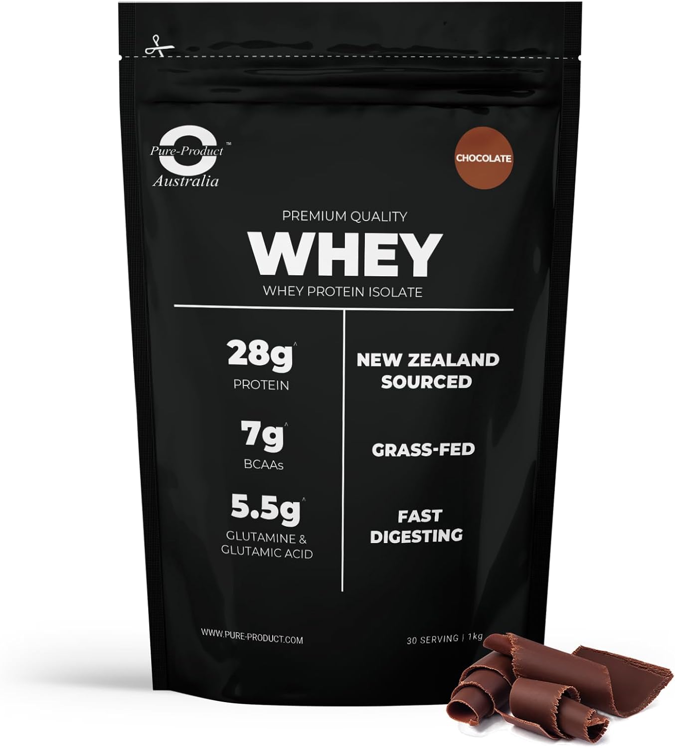 Pure Product Australia - Whey Protein Isolate & Hydrolyzed - Premium Grass Fed - 30g Protein per Serve, Fast Absorbing - Non-GMO - Easy Digesting - NZ Protein - 2kg (4.4 lbs) Chocolate