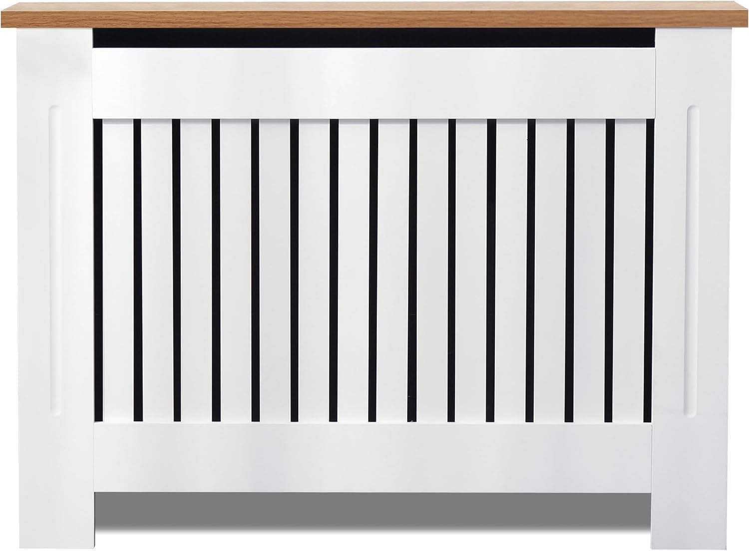 Blisswood Radiator Cover Vertical Pattern Slatted Radiator Covers MDF Wood Heating Covers Wood Top Shelf For Living Room Home Bedroom (White, Medium)