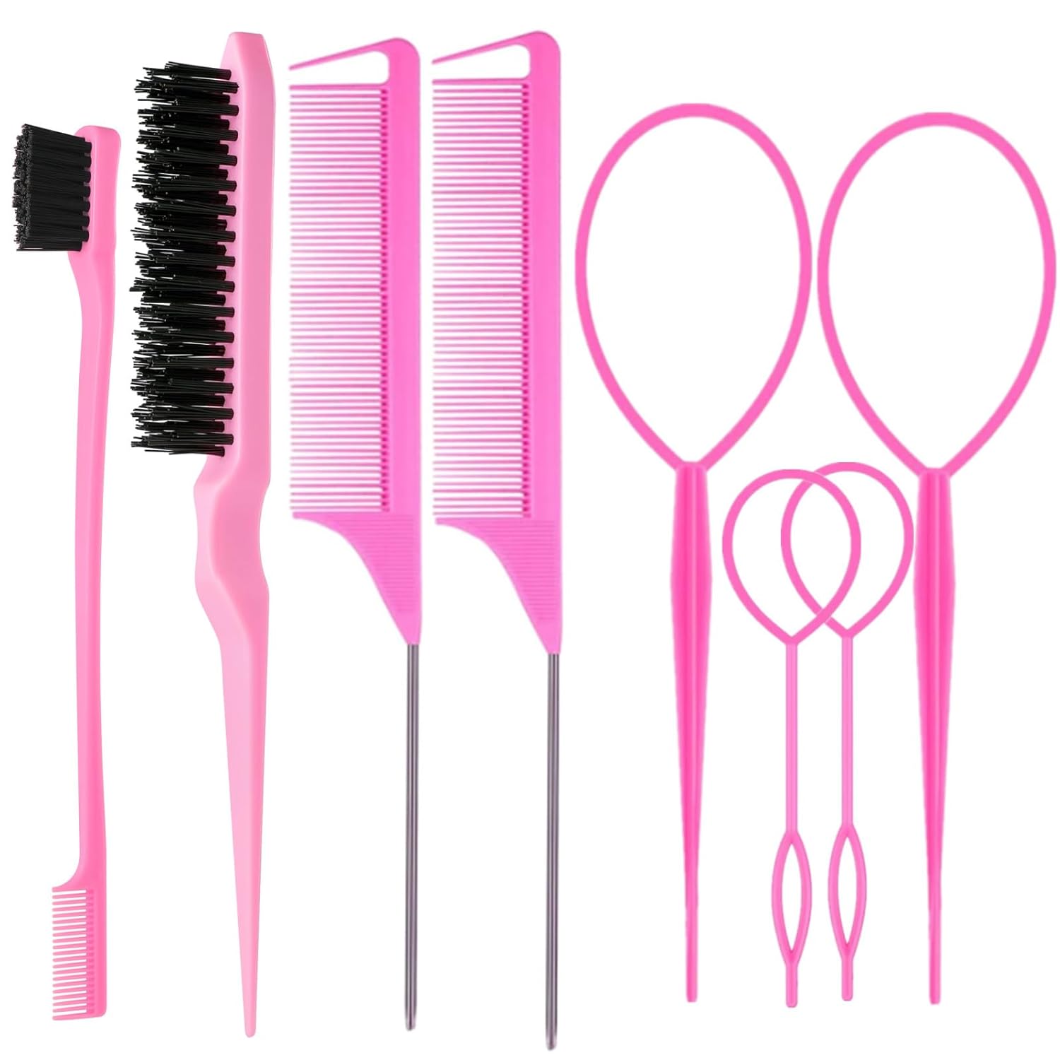 8Pcs Hair Brushes Set with 4Pcs Topsy Hair Tail Tools 1Pcs Bristle Teasing Hair Brush 1Pcs Edge Control Brush 2Pcs Metal Pin Rat Tail Combs for Woman Girl Styling,Edge&Back Brushing Pink