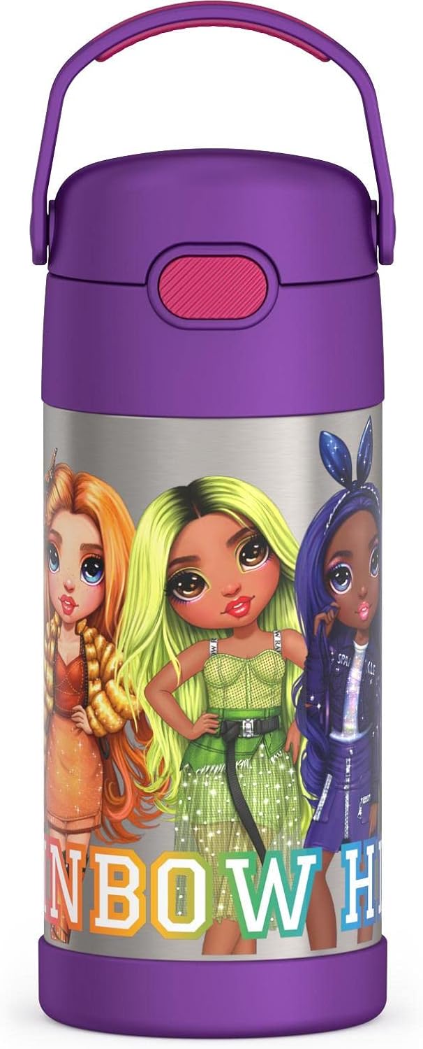 THERMOS FUNTAINER 12 Ounce Stainless Steel Vacuum Insulated Kids Straw Bottle, RAINBOW HIGH
