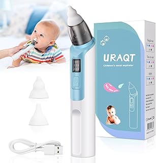 URAQT Baby Nasal Aspirator, Baby Nose Sucker Electric Nose Cleaner with 6 Suction Levels and 2 Sizes Silicone Tips Anti-backflow Nose Vacuum Cleaner Rechargeable Nasal Sucker Newborns Toddlers (Blue)