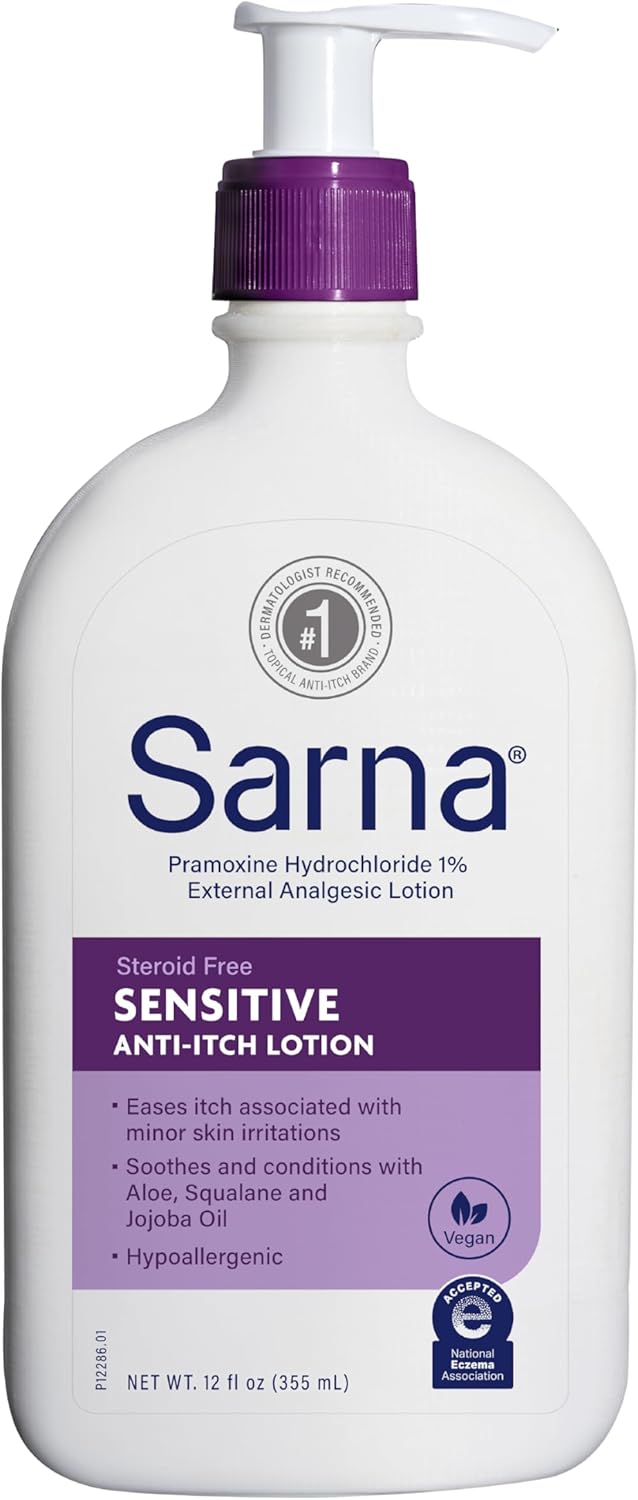 Sarna Sensitive Anti-Itch Lotion, Steroid-Free, Fragrance-Free, Vegan, Hypoallergenic, National Eczema Association Accepted, 1% Pramoxine Hydrochloride, 12 oz | Dermatologist Recommended, Relieves Pain & Itch, For Itchy Skin, Steroid-Free, Fragrance-Free, Vegan, Hypoallergenic, Aloe
