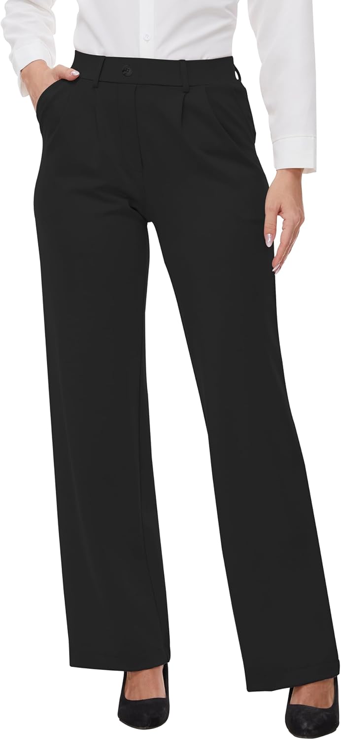 Women’s 22"/27"/29"/31" Wide Leg Pleated Yoga Dress Pants, High Waist Stretchy Slacks for Workout Business Casual