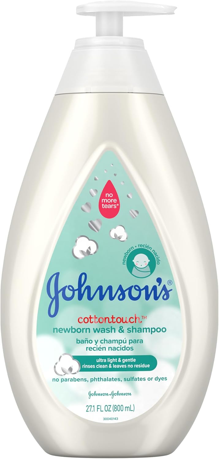 Johnson's CottonTouch Newborn Baby Wash & Shampoo with No More Tears, Sulfate-, Paraben- Free for Sensitive Skin, Made with Real Cotton, Gently Washes Away Dirt & Germs, 27.1 fl. oz