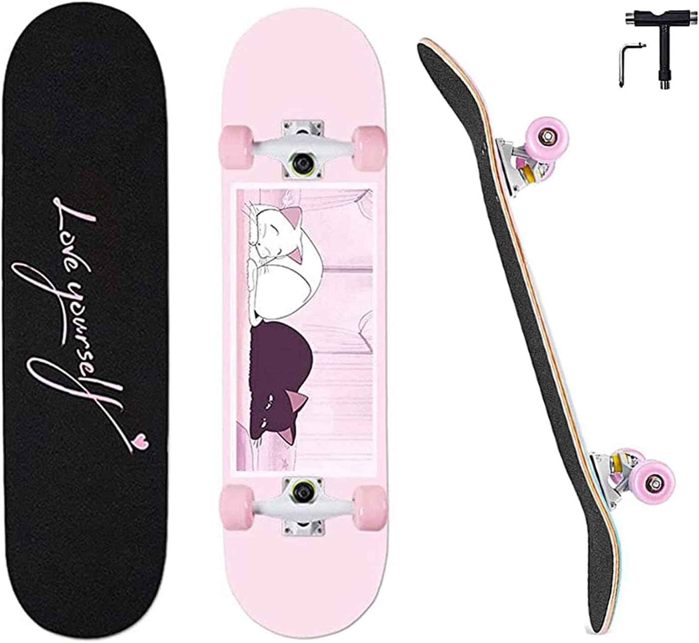 Anime Skateboards for Girls，Pink Complete Standard Skateboard, 31" X 8" Maple Double Kick Concave Skate Boards for Beginners/Kids/Youths/Teens Adult，Cute cat Skateboard
