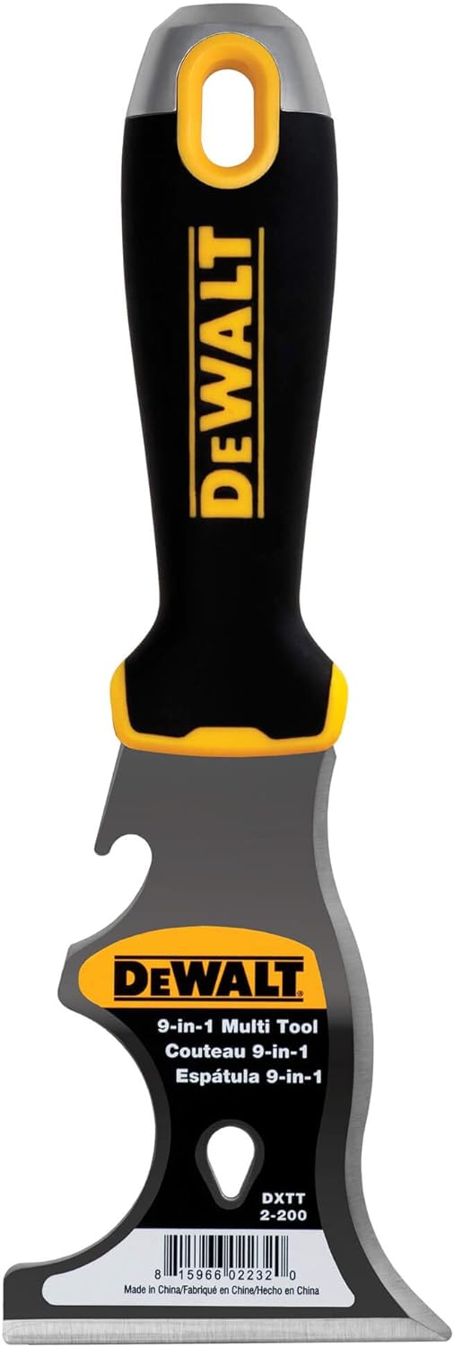 DEWALT 9-in-1 Painter's Tool | Straight Scraper, Curved Scraper, Gouger, Roller Cleaner, Can Opener, Bottle Opener, Nail Puller, Screwdriver, Hammer | Carbon Steel w/Soft Grip Handle | DXTT-2-200