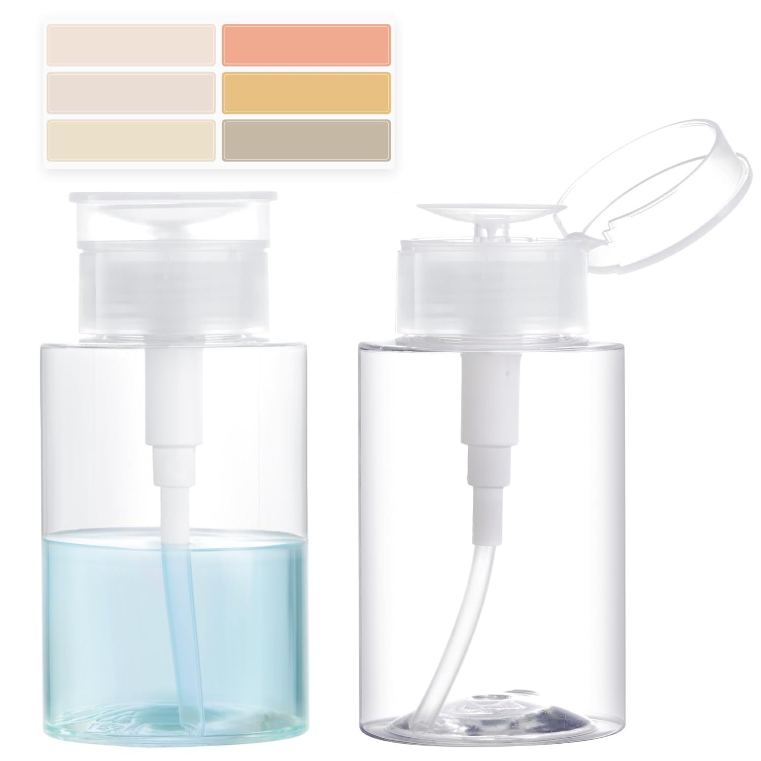 2 Pack Push Down Pump Dispenser, Empty Pump Bottle Dispenser with DlY Lables for Nail Polish, Makeup Remover, Alcohol, Facial Toner 5.1oz/150ML