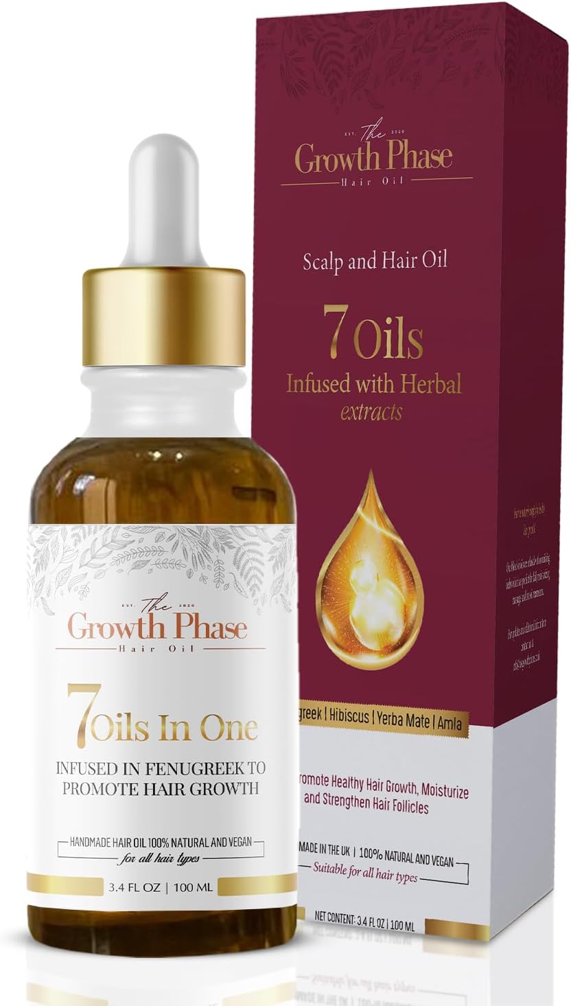 The Growth Phase Hair Oil Serum - 100% Natural with Castor, Onion, Fenugreek, Amla Oils and Caffeine - Best Hair Loss Solution for Fast Hair Growth and Thickness Boost - Beard & Edge Growth