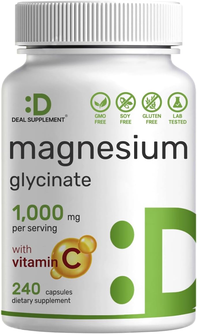 Magnesium Glycinate 750mg Plus Vitamin C, 200 Capsules, 100% Chelated, Supports Leg Cramps, Bone Health & Restful Sleep - Premium Magnesium Supplement
