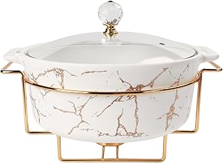 Ceramic Casserole Dish with Glass Lid and rack, 2 Quart Serving Soup Tureen,Chafing Dish for Buffet, Family Food preserve Tray, Catering Casserole for Party Style,10.2 Inch