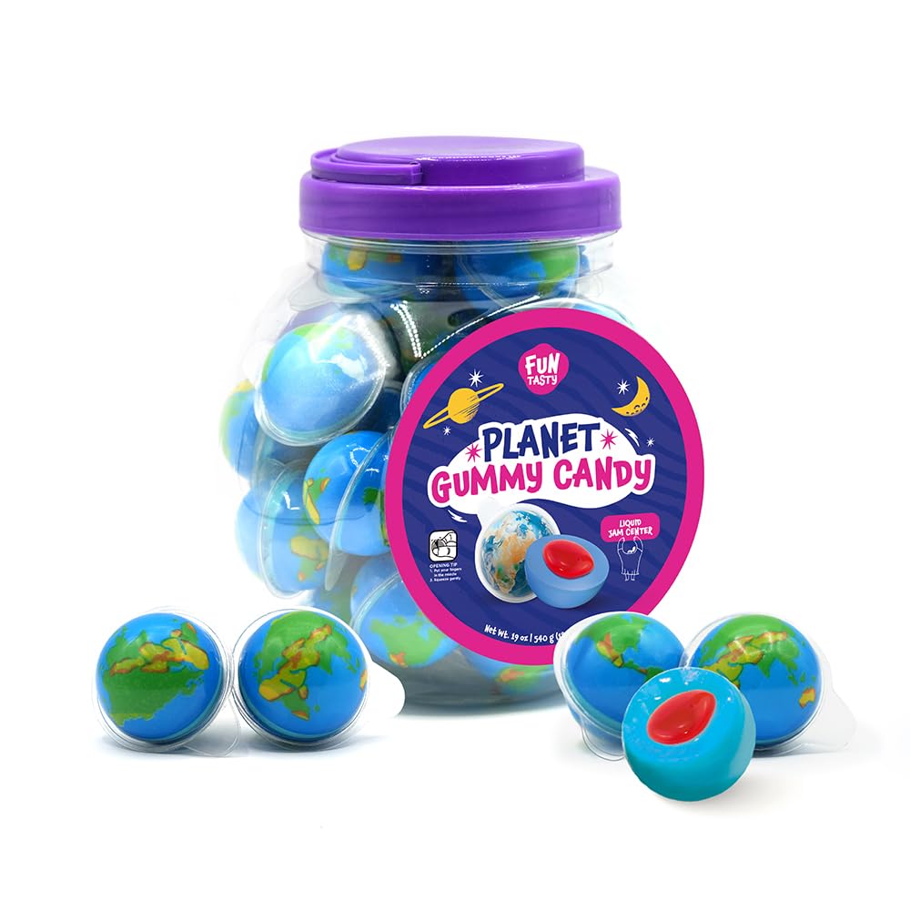 Earth Planet Gummy Balls - 19 Ounce Jar (30 Count) - Strawberry Jelly Filled Gummies - Individually Wrapped Gummy Candy - Kids Party Favors - Earth Gummies for Goody Bags by Funtasty