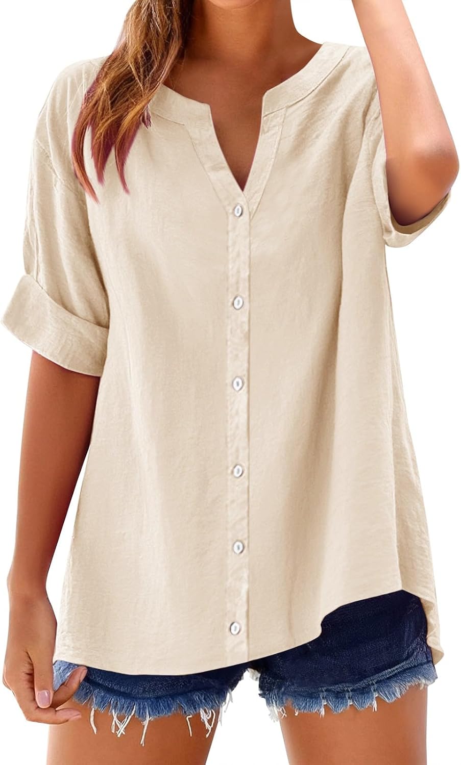 Yinguo Loose Shirt Top Stand Solid Color Sleeve Collar Casual Women's Shirt Women's Womens T V Neck
