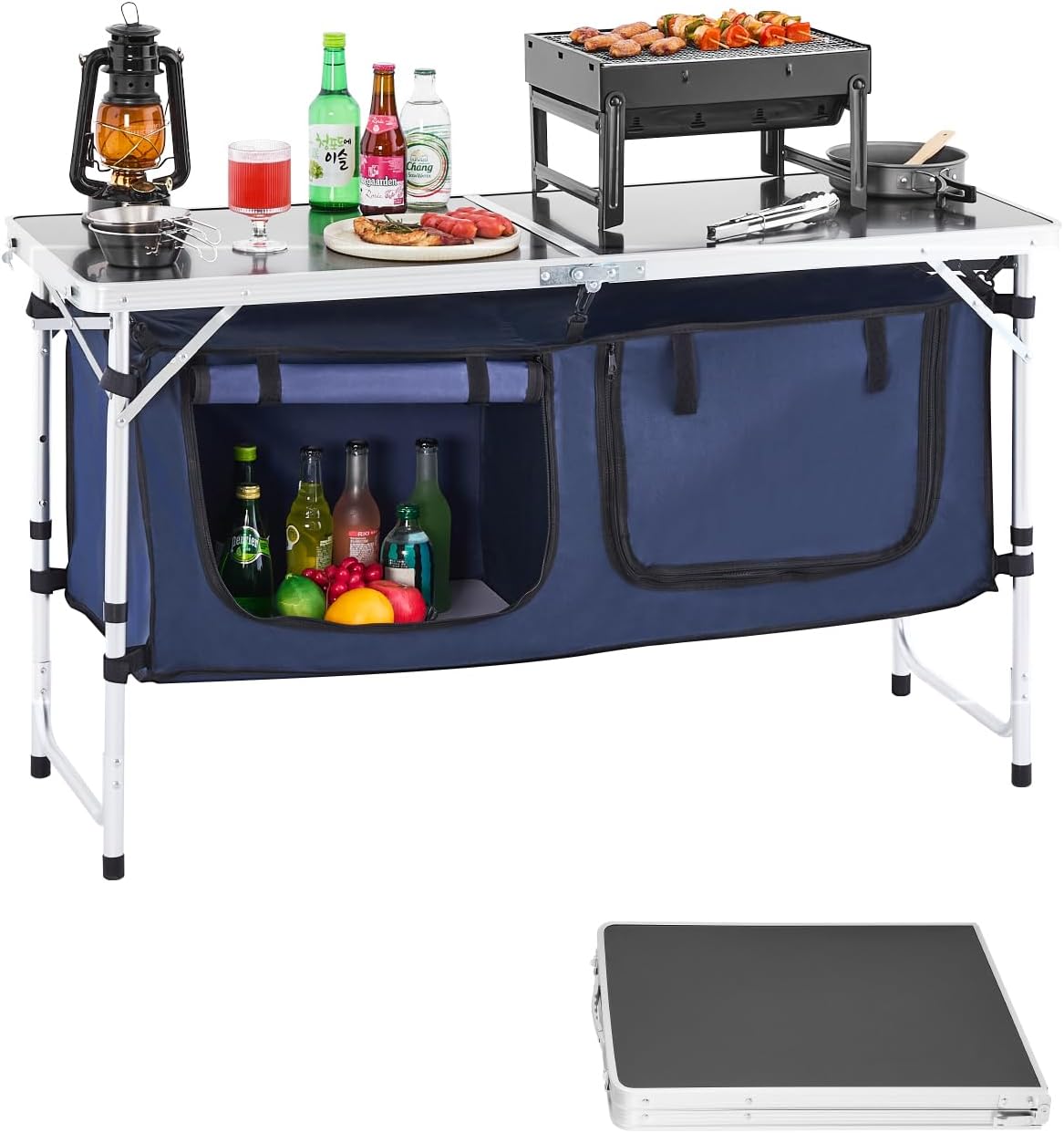 VEVOR Camping Kitchen Table, Folding Outdoor Cooking Table, 3 Adjustable Height, Aluminum Lightweight Portable Cook Station with Storage Organizer, Carry Handle, for BBQ Party Picnic RV Travel, Blue