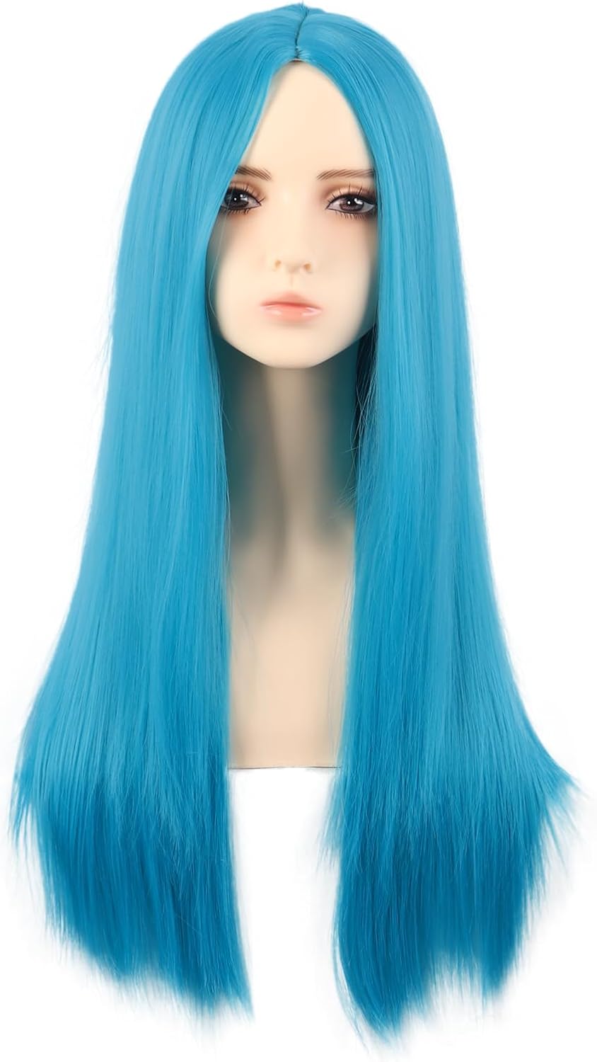 MapofBeauty 28 Inch/70 cm Side Bangs Long Straight Fashion Wig, Cyan Blue