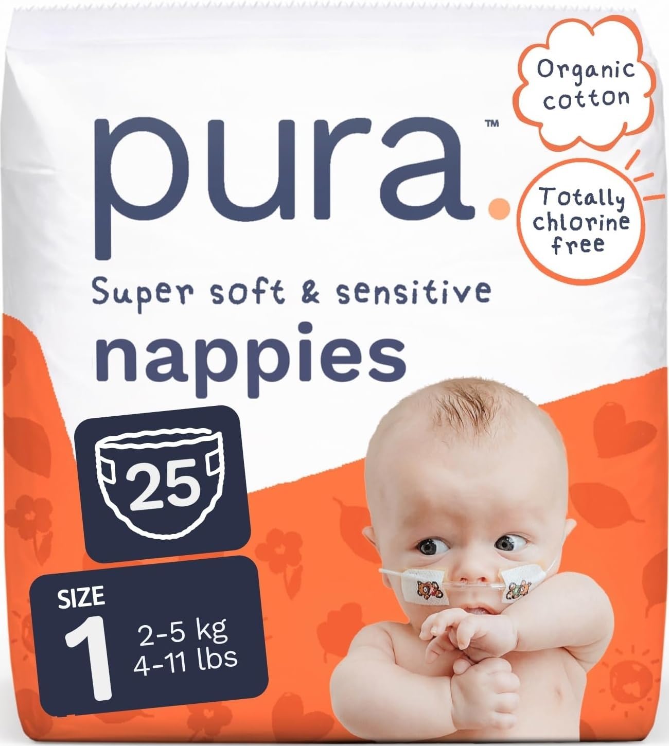 Pura Nappy Size 1 (2–5kg) 25 Count Sensitive Skin | Wetness Indicator, Cloud Soft™, Totally Chlorine Free*, Allergy UK Certified