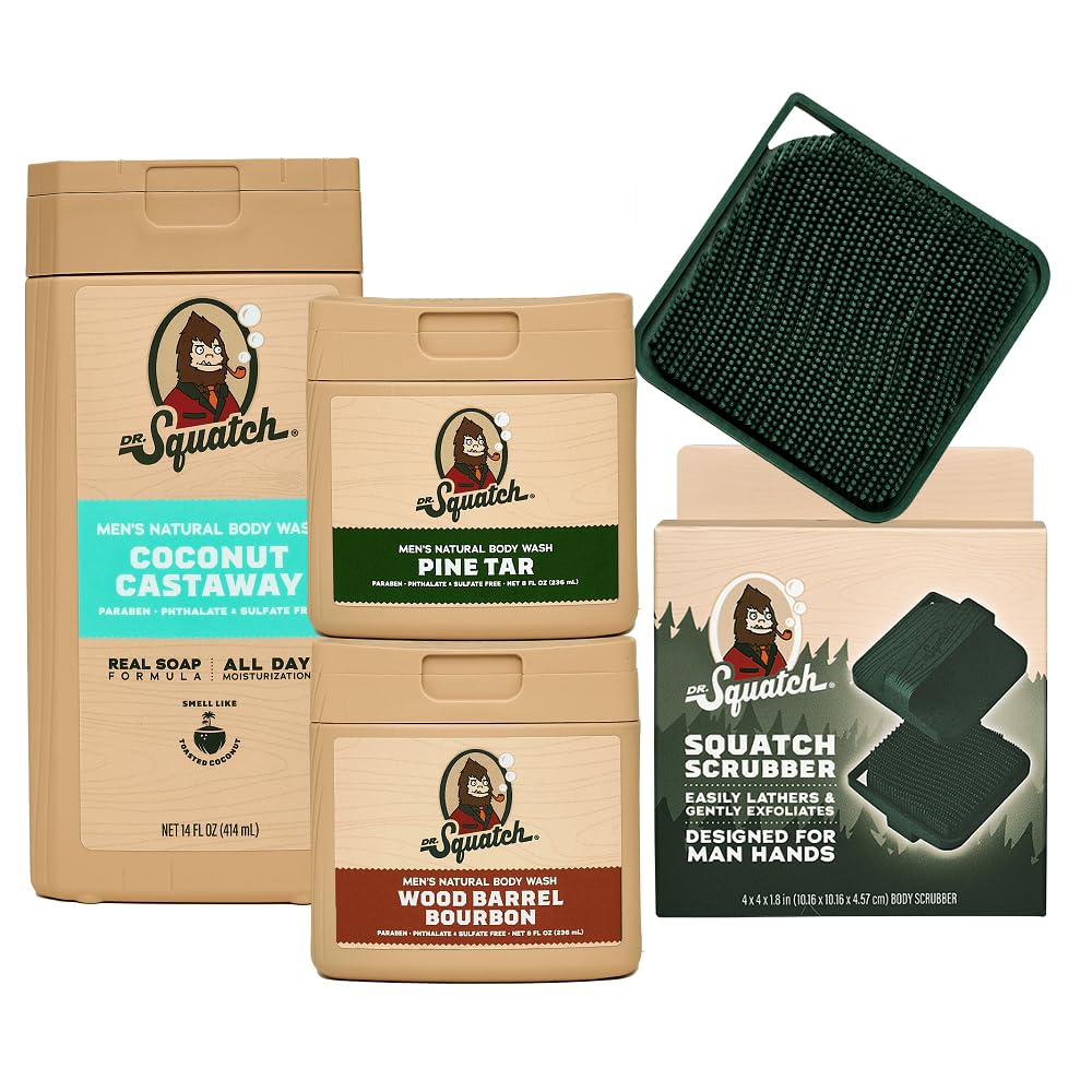 Dr. Squatch NEW Natural Body Wash for Men - Non-Exfoliating - Coconut Castaway (14 oz) + Wood Barrel Bourbon + Pine Tar (8 oz, 2 Pack) + Body Scrubber