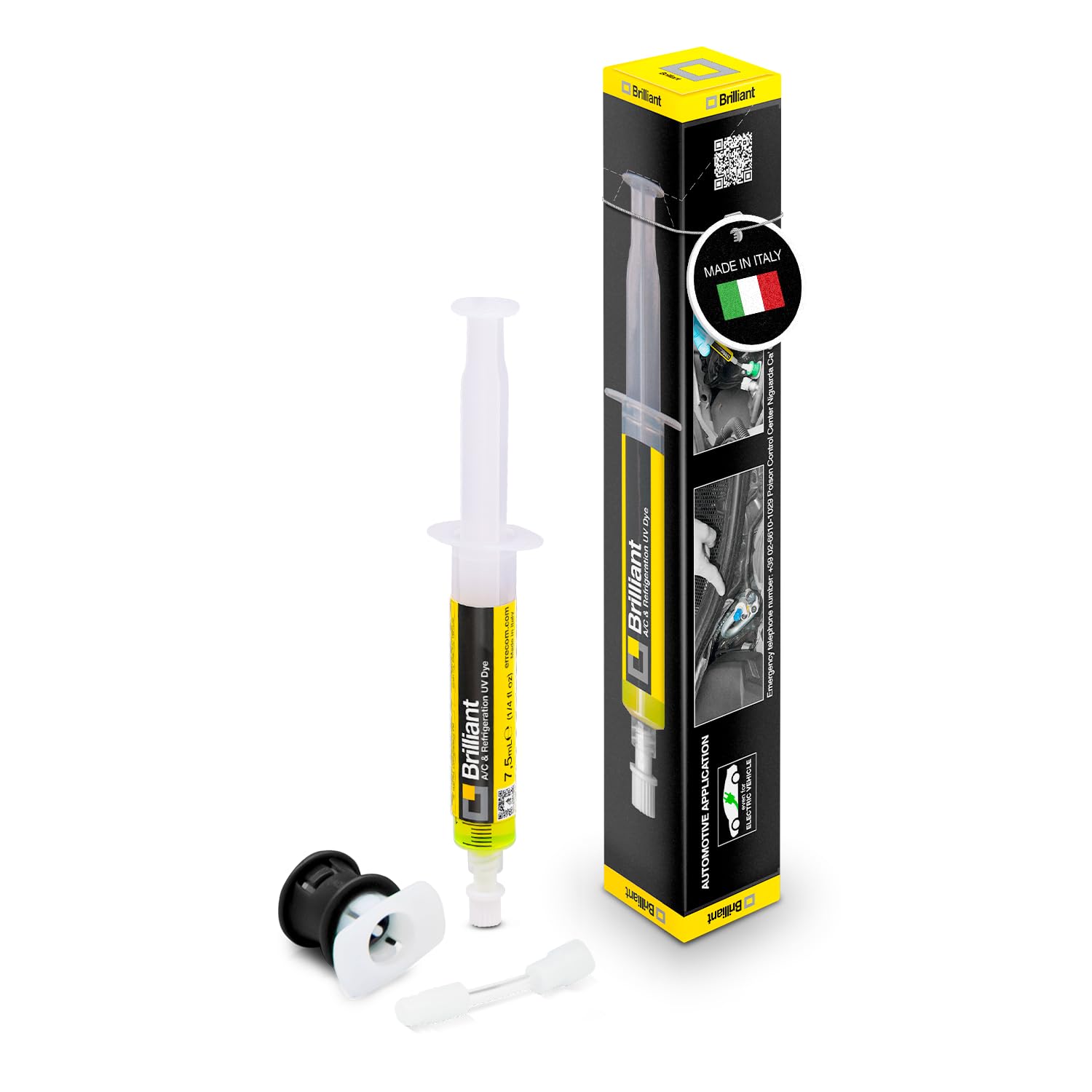 Errecom Brilliant - 0.2 fl oz (7.5 ml), Fluorescent UV Dye for Detecting Refrigerant Gas Leaks in Vehicle A/C Systems, Includes R134a Adapter