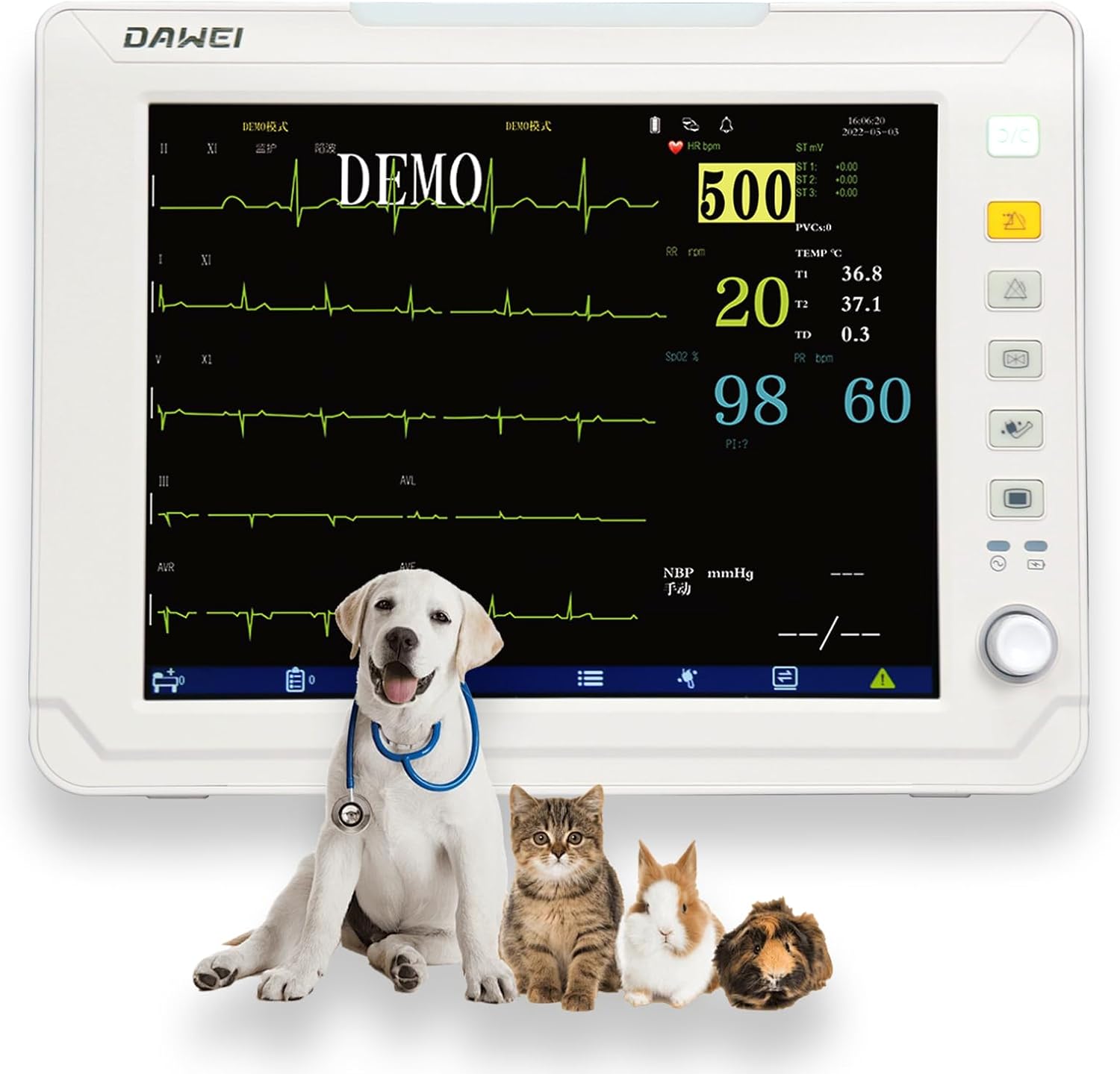 Veterinary Patient Monitor with ETCO2 Capability - 12.1'' Multiparameter VET Patient Monitor for Dogs, Cats & Animals Use | ICU Machine ETCO2, ECG, SPO2/HR, NIBP, RESP, Temperature Monitoring