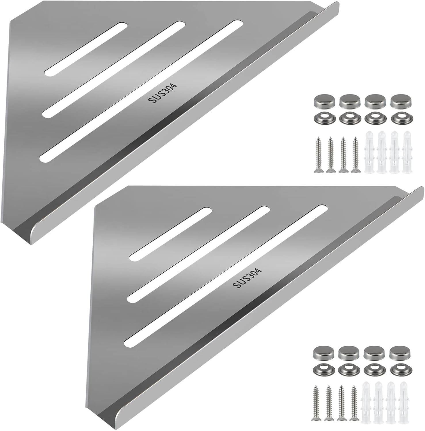 2 Pcs 304 Stainless Steel Corner Shelf with Screws, Triangle Shower Caddy, Wall Mount Soap Holder for Bathroom, Kitchen Organization (Polished Silver)