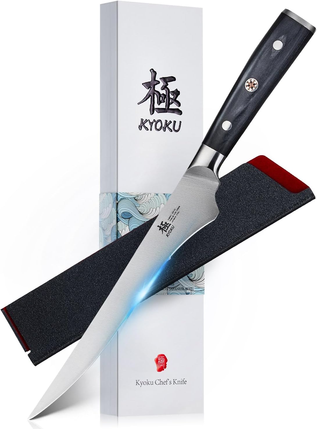 KYOKU 6.5" Boning Knife for Meat Cutting, Samurai Series Filet Knife with Pakkawood Handle, Japanese High Carbon Steel Knife, Full Tang Kitchen Knife for Lamb Chop Pork Shoulder with Sheath and Case