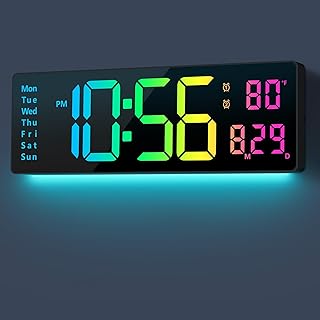 Digital Wall Clock Large Display 16", Digital Clock with 11 RGB Colors Changing Remote Control, LED Clocks with Night Lights for Living Room Bedroom Office Classroom Decor, Auto DST (Multicolor)