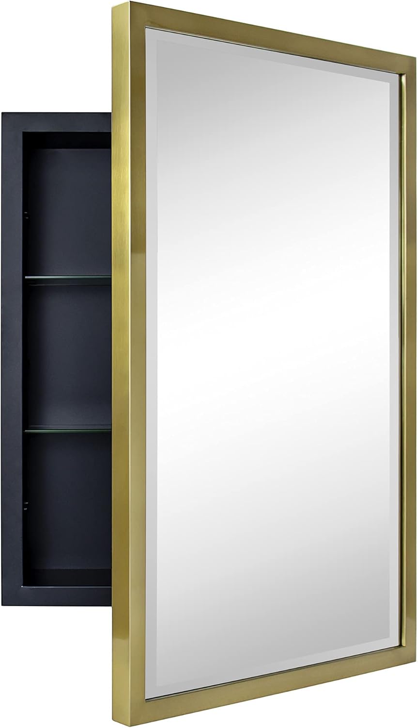 TEHOME Gold Metal Framed Recessed Bathroom Medicine Cabinet with Mirror Rectangle Tilting Beveled Vanity Mirrors for Wall 16 x 24 inches