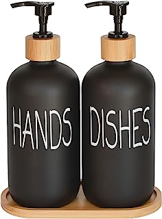 Glass Soap Dispenser Set. Hand Soap and Dish Soap Dispenser with Bamboo Tray. Vintage Soap Dispenser with Pump for Kitchen Sink and Bathroom. Stylish Permanent Label (Matte Black)