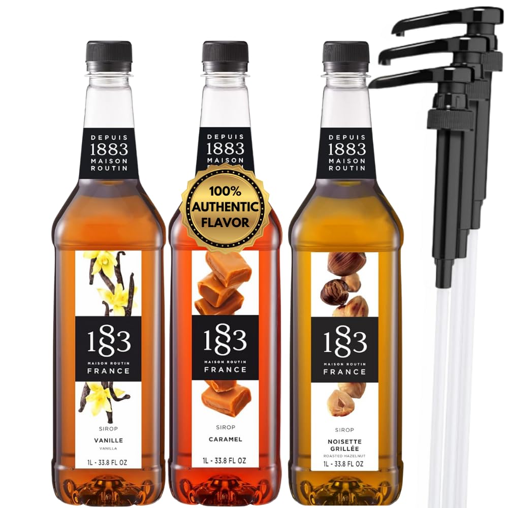 1883 Vanilla, Caramel, Roasted Hazelnut Syrups (Coffeehouse Favorites) with Pumps for Hot & Cold Drinks - 1 Liter 33.8 Ounces Each