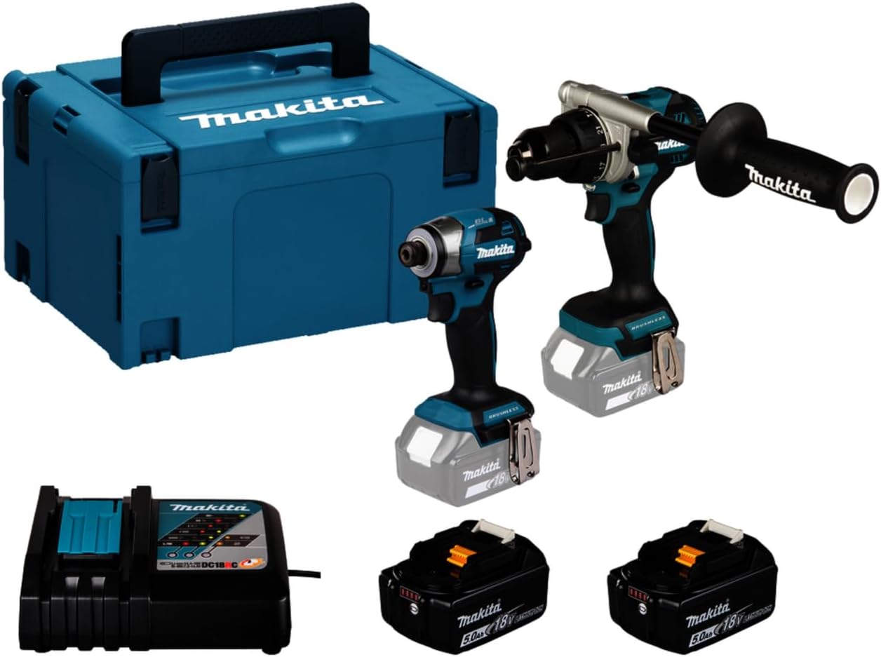 Makita DLX2549TJ 18V Li-ion LXT 2 Piece Brushless Combi Kit Complete with 2 x 5,0 Ah Batteries and Charger, Supplied in a Makpac Case