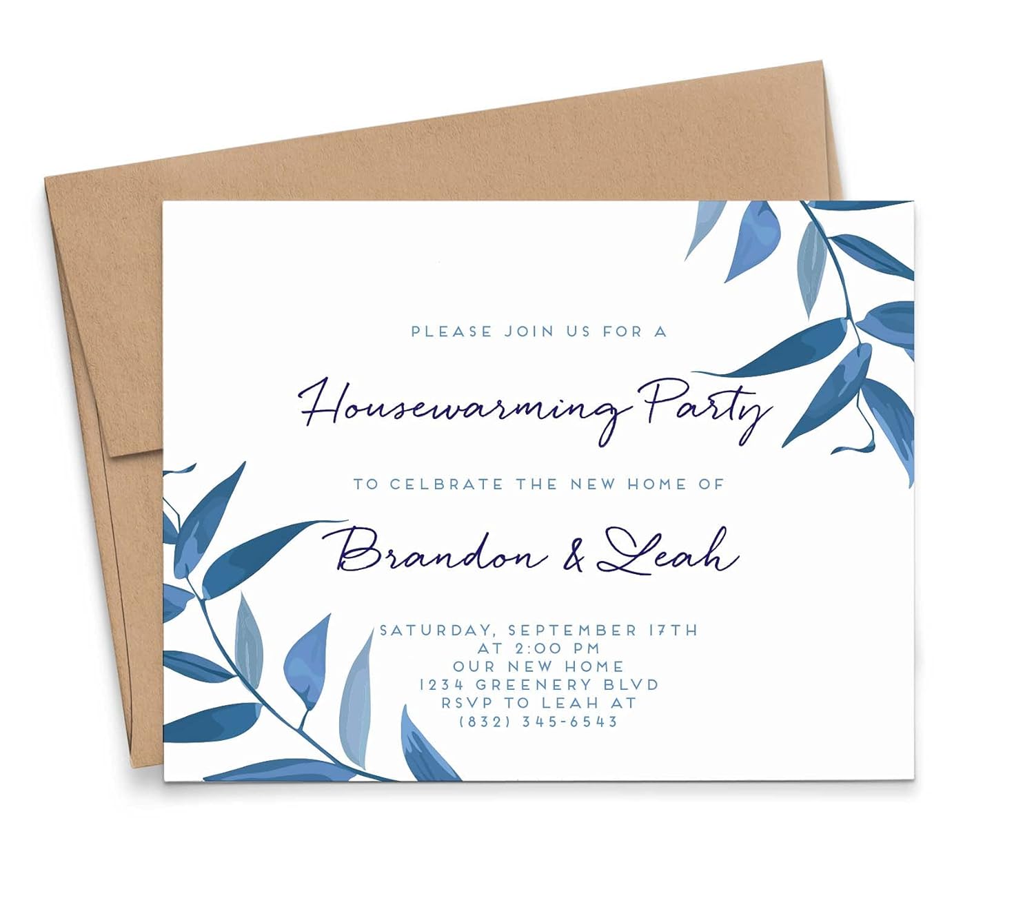 Blue Greenery Housewarming Invitations with Envelopes Personalized, House Warming Invitation Cards, Modern Housewarming Party Invites, Housewarming Invites, Your choice of Quantity and Envelope Color