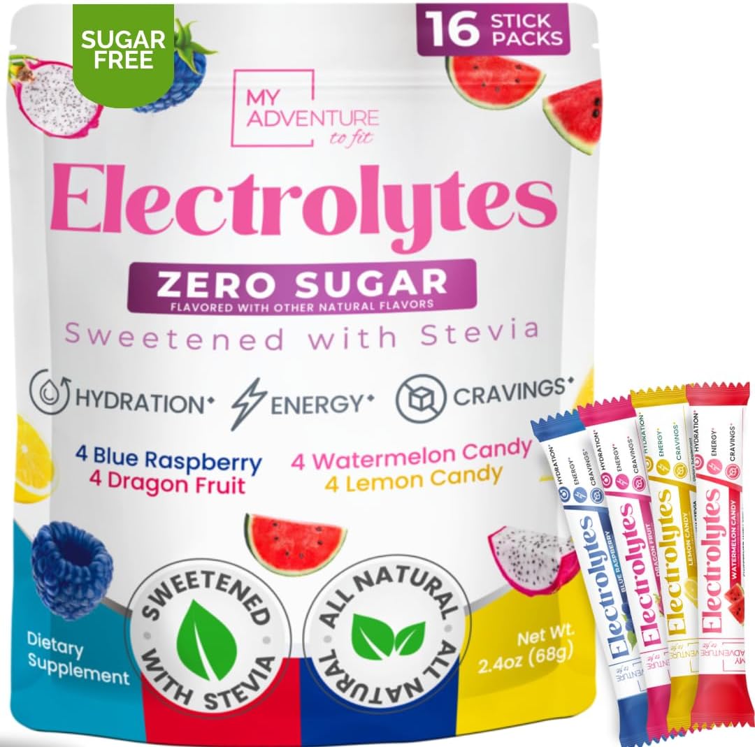 My Adventure to Fit Electrolytes Powder Packets – 16 Sugar-Free Hydration Packets, Potassium Supplement, Watermelon Candy, Blue Raspberry, Banana Cream, Sour Blue Candy – Zero Sugar, Keto Electrolytes