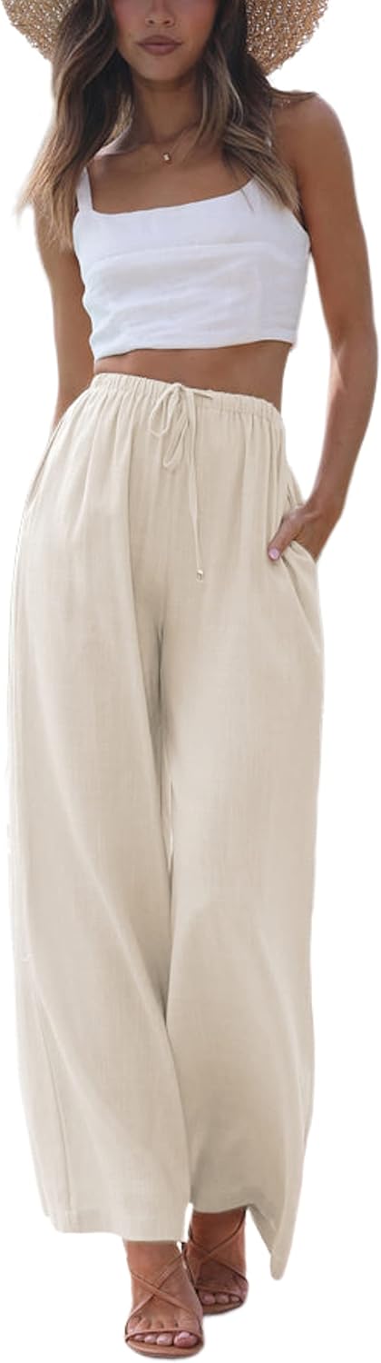 Faleave Women's Cotton Linen Summer Palazzo Pants Flowy Wide Leg Beach Trousers with Pockets
