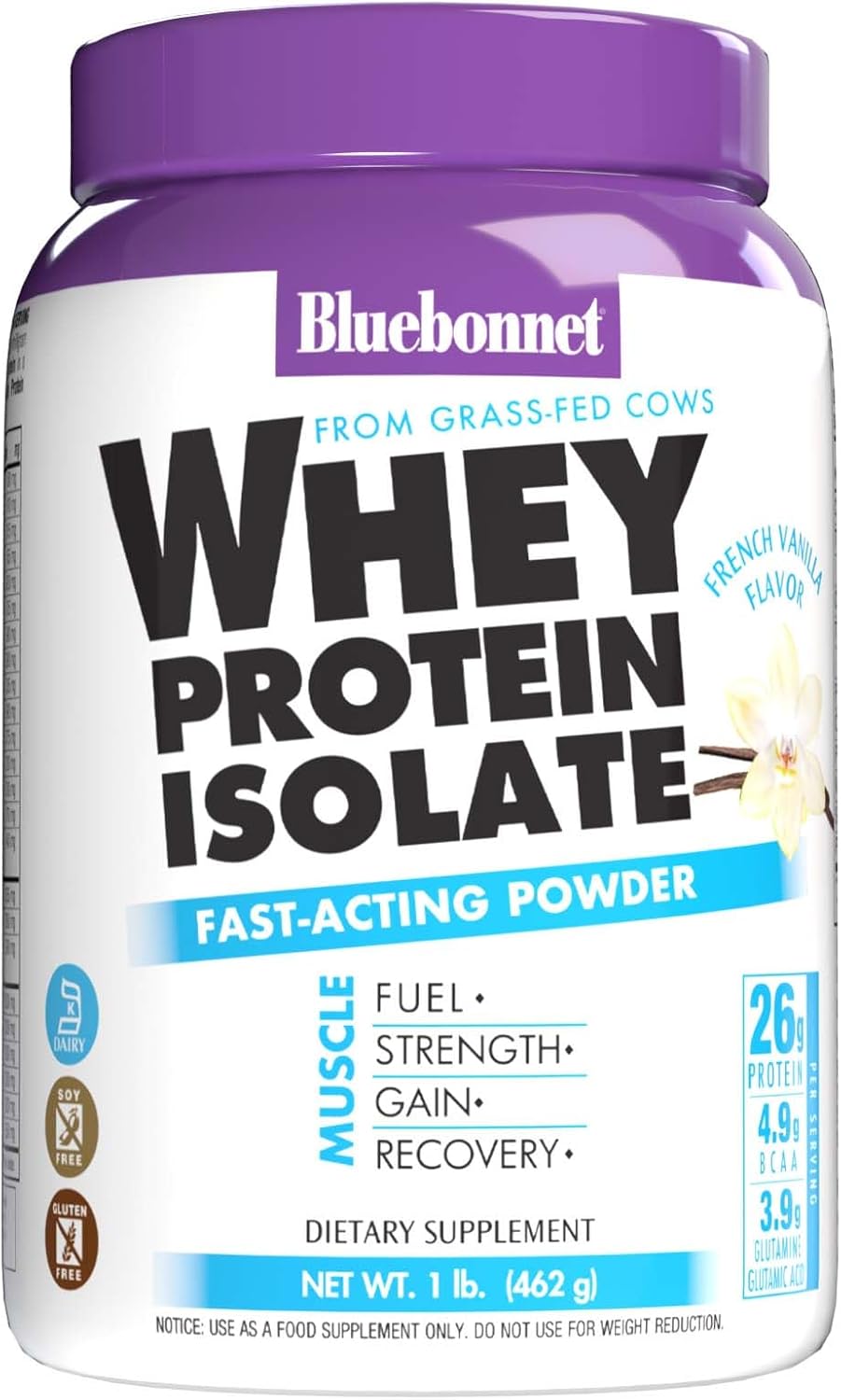 Bluebonnet Grass Fed Whey Protein Isolate 26 g Energy & Workout Recovery BCAA Amino Acids - Gluten-Free, Non-GMO, Soy-Free Vanilla Protein Powder for Women & Men - 14 Servings