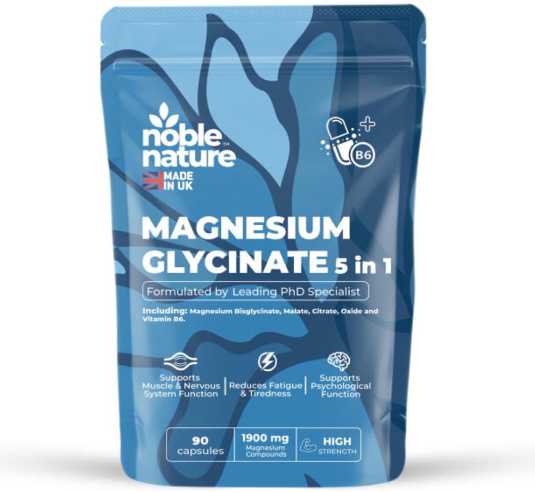 Magnesium Glycinate 5-in-1 Complex Formulated by PhD Expert High Strength 1900mg Supplements as Bisglycinate, Malate, Citrate, Oxide & Vitamin B6-90 GMO Free Capsules, 384mg Elemental, UK Made (90)