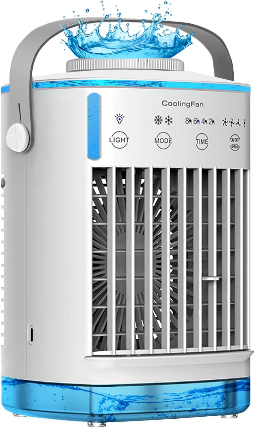 Portable Air Cooler,5-in-1 Smart Mobile AC | Dual Ice-Mist Modes + 7-Color Mood Light + 12H Timer | Multi-Space Cooling Solution for Home/Office/Bedroom/Desktop