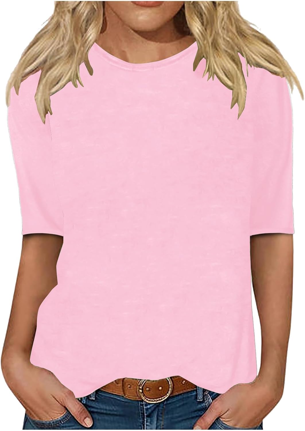 LRMQS Womens 2025 Half Sleeve Tshirt Tops Solid Color Summer Spring Fashion Crewneck Blouse Tee Trendy Woman Clothing