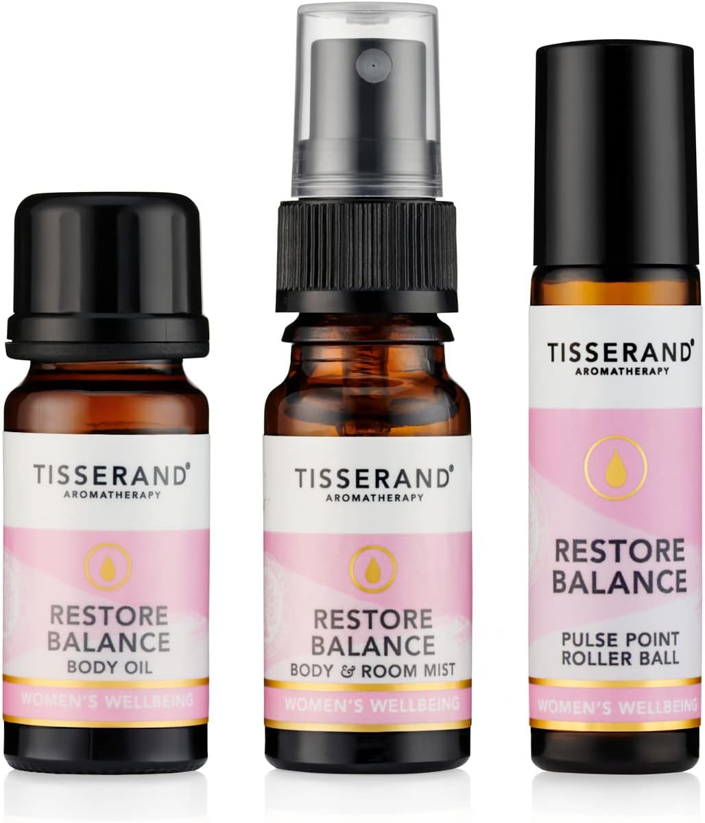 Tisserand Aromatherapy - Restore Balance Discovery Kit - Roller Ball, Body Oil & Mist - Perimenopause, Menopause & Menstruation Support Women - Rose, Clary Sage & Geranium - Natural Essential Oils
