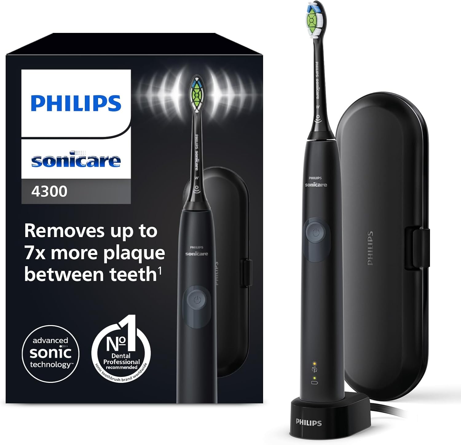 Philips Sonicare ProtectiveClean 4300 Electric Toothbrush, Sonic Toothbrush with Two Intensity Levels, Pressure Sensor and Timer, Black, Model HX6800/87